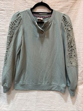 Knox Rose Sage Crochet-Panel Henley Pullover